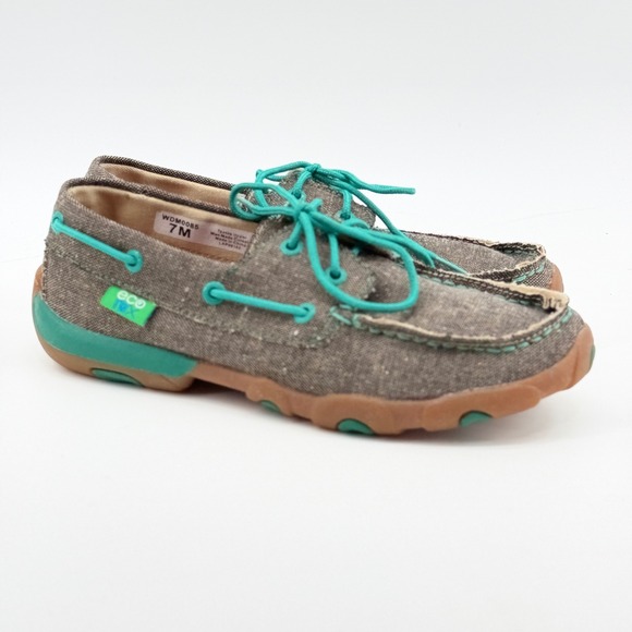 Twisted X Shoes - Twisted X EcoTWX Driving Moc WDM0085 Gray Teal Canvas Boat Shoes Womens 7M
